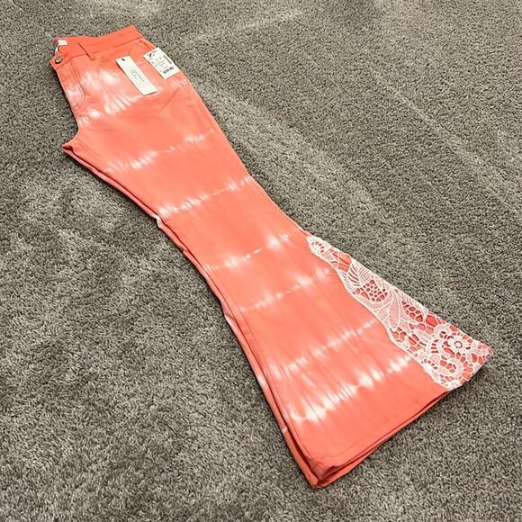 NWT Gemma+Jane Tye Dye Flared Jeans Lace Size 8 Coral Hippie Concert Beach Y2K - Picture 5 of 16